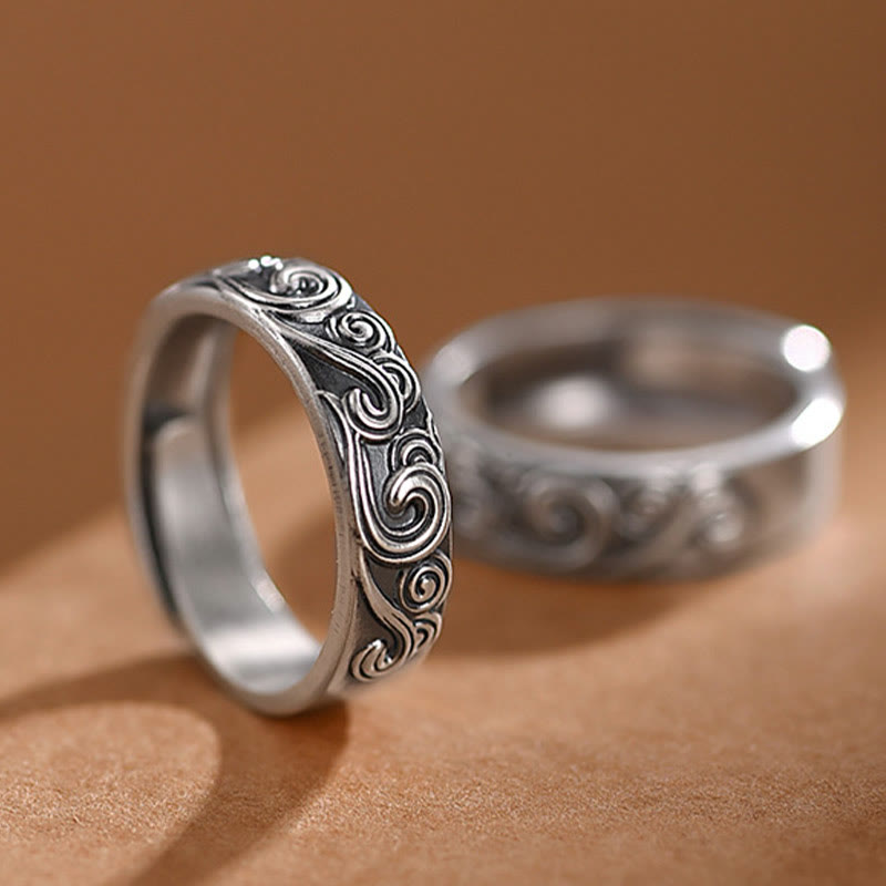 999 Sterling Silver Auspicious Clouds Engraved Blessing Adjustable Ring