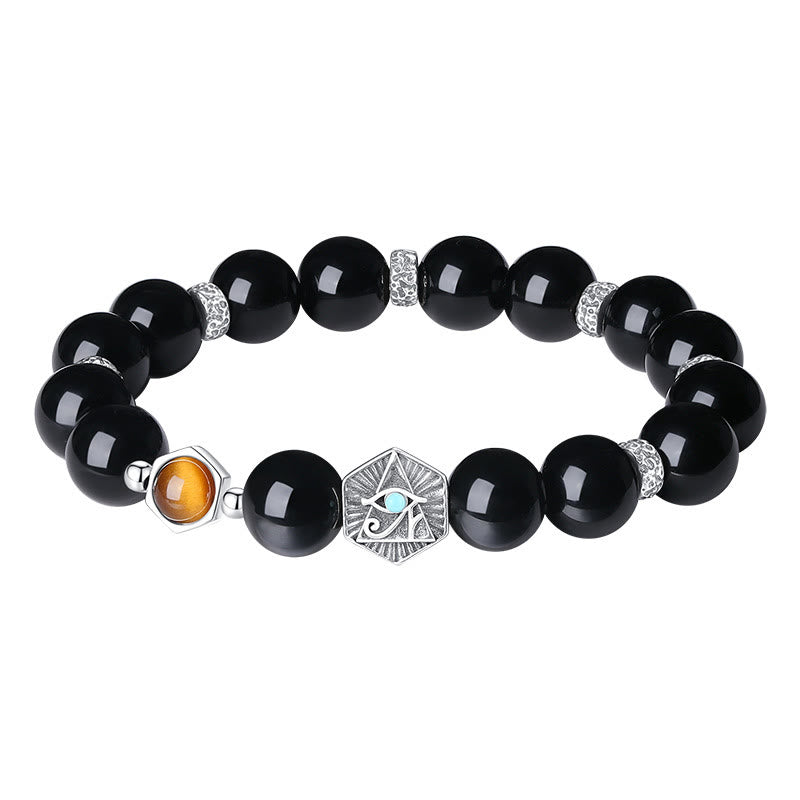 925 Sterling Silver Black Obsidian Tiger Eye Eye of Providence Purification Bracelet - Image 12