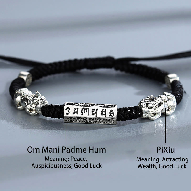 Double PiXiu Feng Shui Copper Coin Om Mani Padme Hum String Bracelet - Image 4