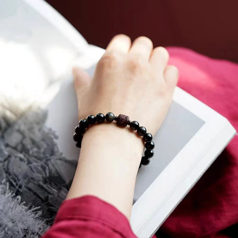 Natural Gold Sheen Obsidian Rainbow Obsidian Om Mani Padme Hum Fu Character Healing Bracelet - Image 34