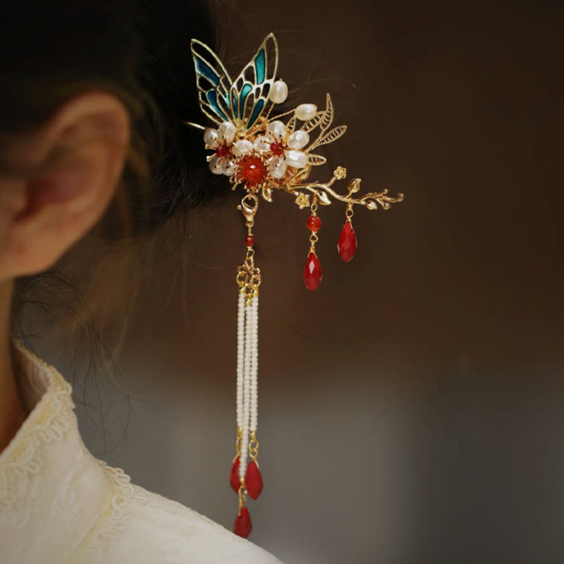 Classical Chinese Style Flower Branche Butterfly Pearl Tassel Hair Clip Hair Comb Hair Crown - Image 5