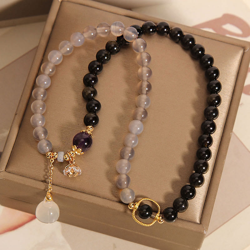 Gold Sheen Obsidian Gray Agate Lotus Charm Strengthen Double Wrap Bracelet - Image 4
