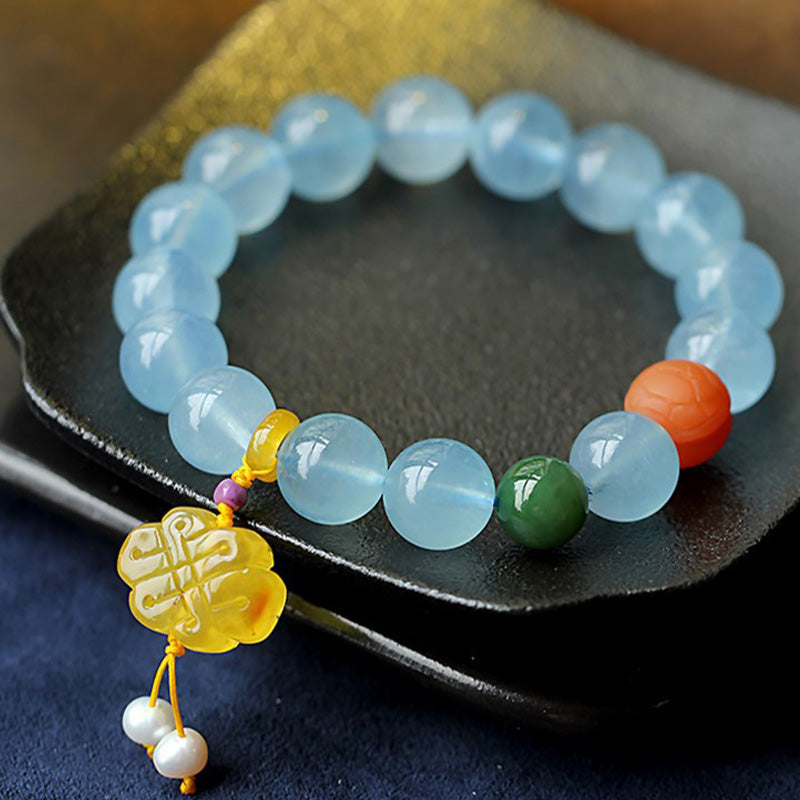 Natural Aquamarine Amber Chinese Knotting Charm Peace Bracelet - Image 8