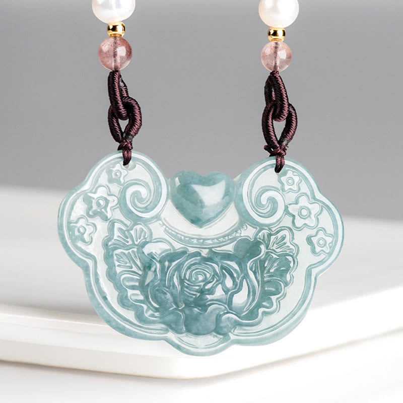 Natural Jade Peony Flower Lock of Good Wishes Prosperity Necklace Pendant - Image 4