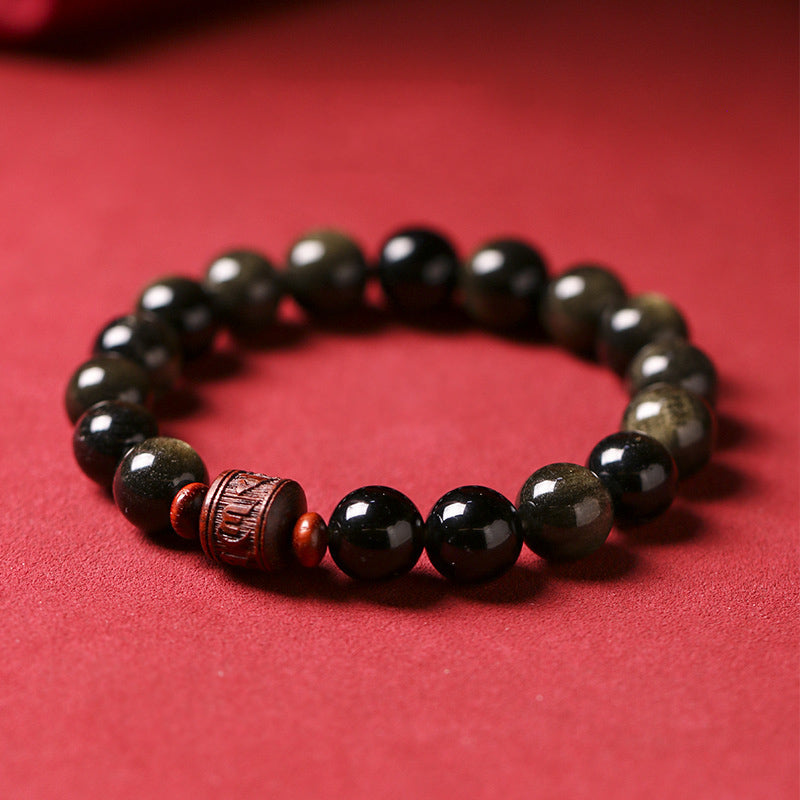 Natural Gold Sheen Obsidian Rainbow Obsidian Om Mani Padme Hum Fu Character Healing Bracelet - Image 4