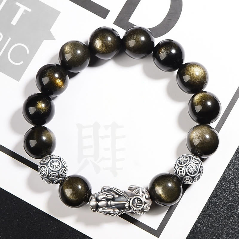 925 Sterling Silver Natural Gold Sheen Obsidian PiXiu Wealth Protection Bracelet