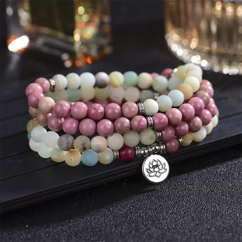 Lazurite Picasso Jasper Amazonite Rhodonite Apatite Positive Lotus Prayer Bead Bracelet - Image 8