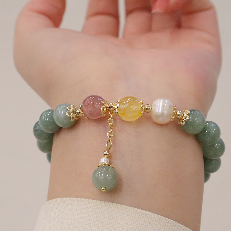 Jade Pearl Strawberry Quartz Abundance Luck Bead Charm Bracelet - Image 7