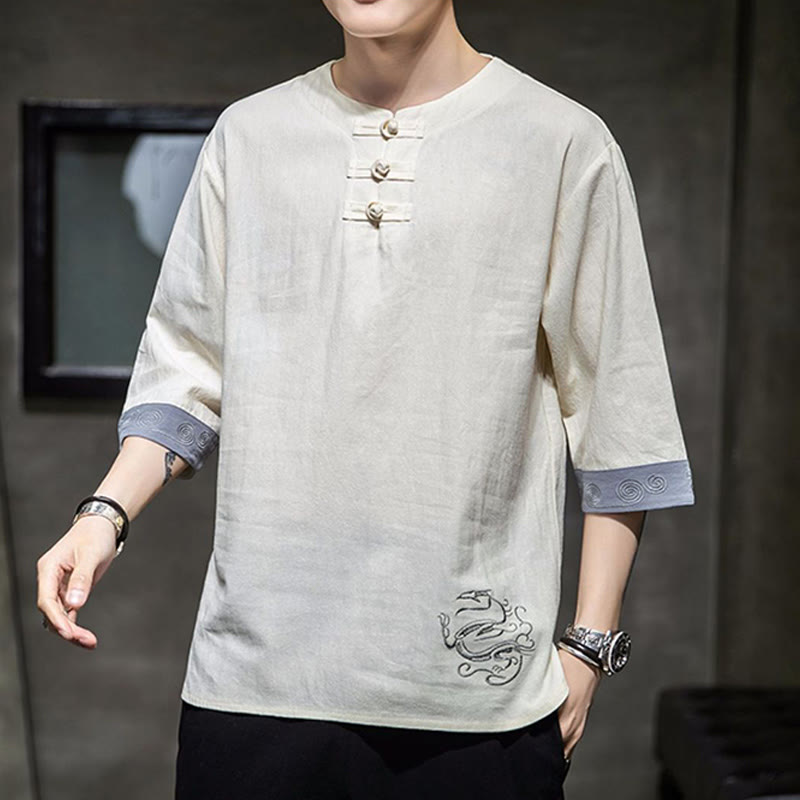 Frog-Button Dragon Embroidery Chinese Tang Suit Three Quarter Sleeve Shirt Cotton Linen Men Clothing - Image 8