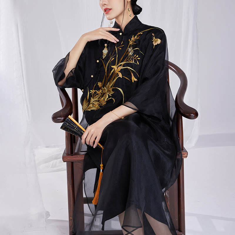 100% Mulberry Silk 6 Momme Dress Vintage Flower Butterfly Embroidery Qipao Dress Women's Cheongsam Dress - Image 17