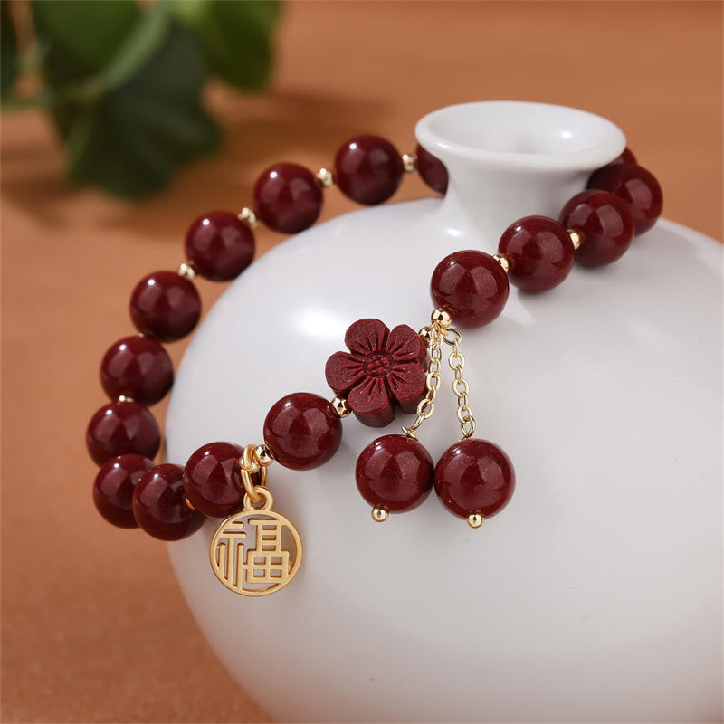 Cinnabar Fu Character Cherry Blossom Blessing Bracelet - Image 4