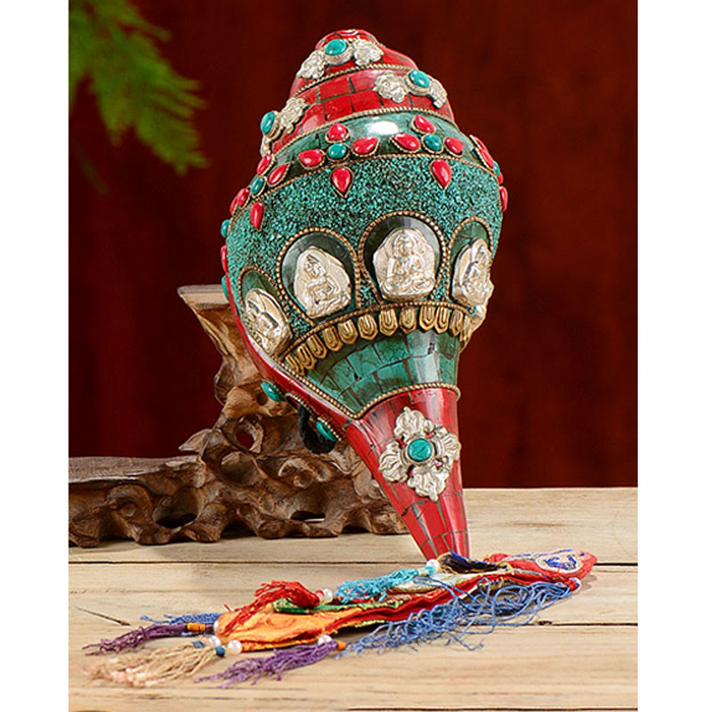 Tibetan Handmade Shankha Om Mani Padme Hum Buddha Avalokitesvara Turquoise Conch Shell Positive Decoration - Image 14