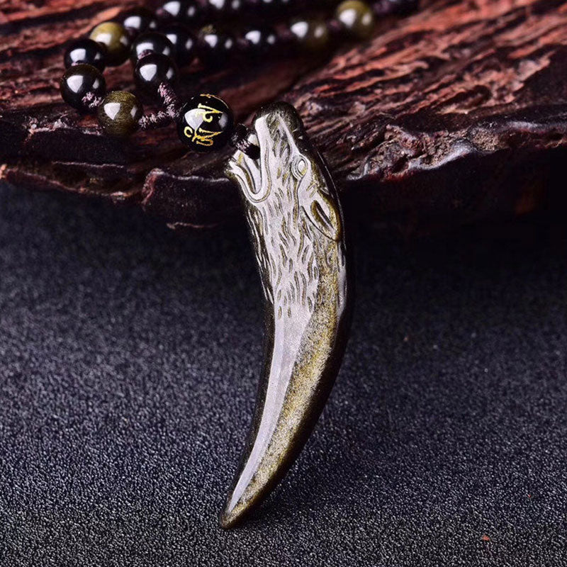 Natural Black Obsidian Ice Obsidian Rainbow Obsidian Wolf Tooth Pattern Strength Necklace Pendant - Image 23