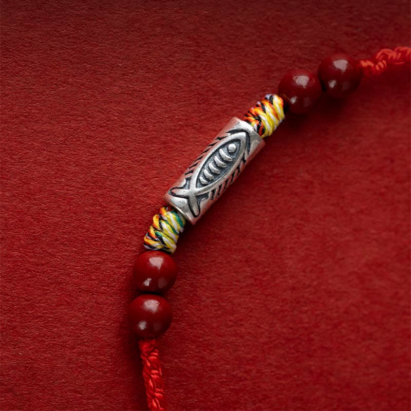 925 Sterling Silver Koi Fish Cinnabar Bead Wealth Handcrafted Braided Bracelet Anklet - Image 7