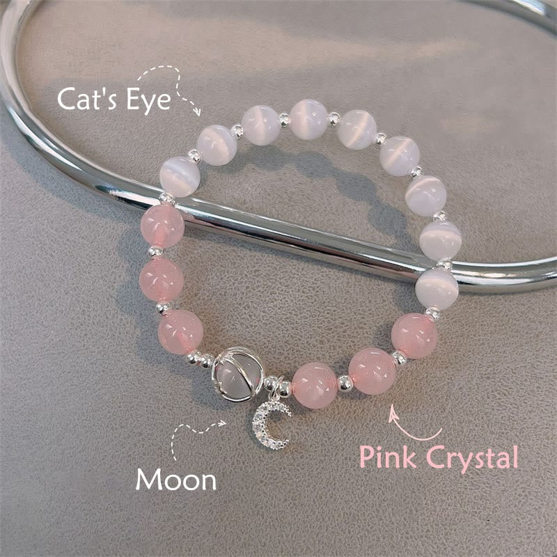 Natural Cat's Eye Pink Crystal Moon Love Charm Bracelet - Image 5