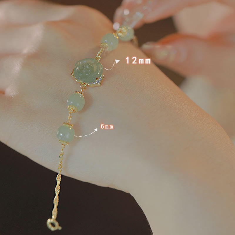 14K Gold Plated Hetian Jade Rose Flower Luck Chain Bracelet - Image 8
