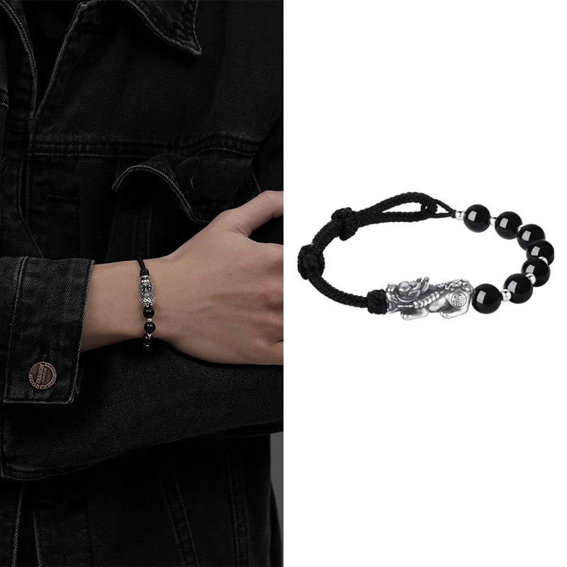 999 Sterling Silver FengShui PiXiu Natural Black Obsidian 925 Sterling Silver Bead Strength Bracelet - Image 8