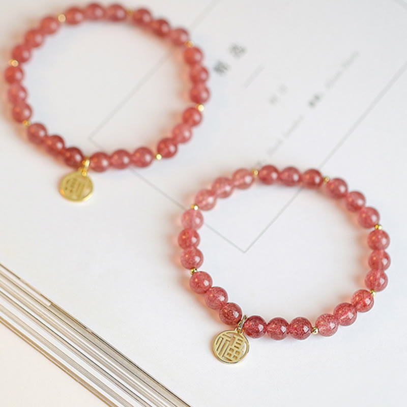14K Gold Plated Strawberry Quartz Fu Character Healing Charm Bracelet - Image 14