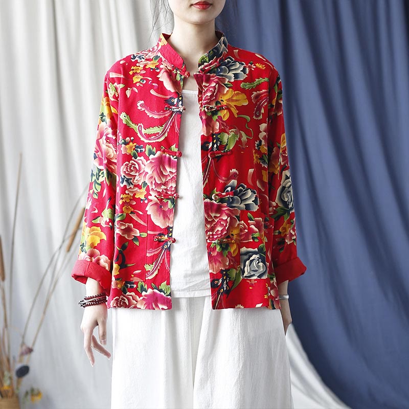 Ethnic Red Flower Peony Frog-Button Cotton Linen Long Sleeve Shirt Jacket With Pockets