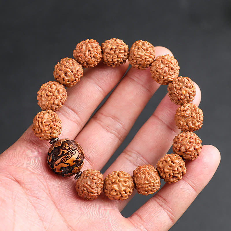 Tibet Rudraksha Bodhi Seed PiXiu Copper Coin Wealth Luck Bracelet