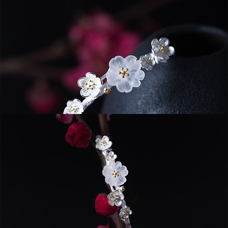 925 Sterling Silver Plum Flower Blessing Bracelet Adjustable Bangle - Image 6