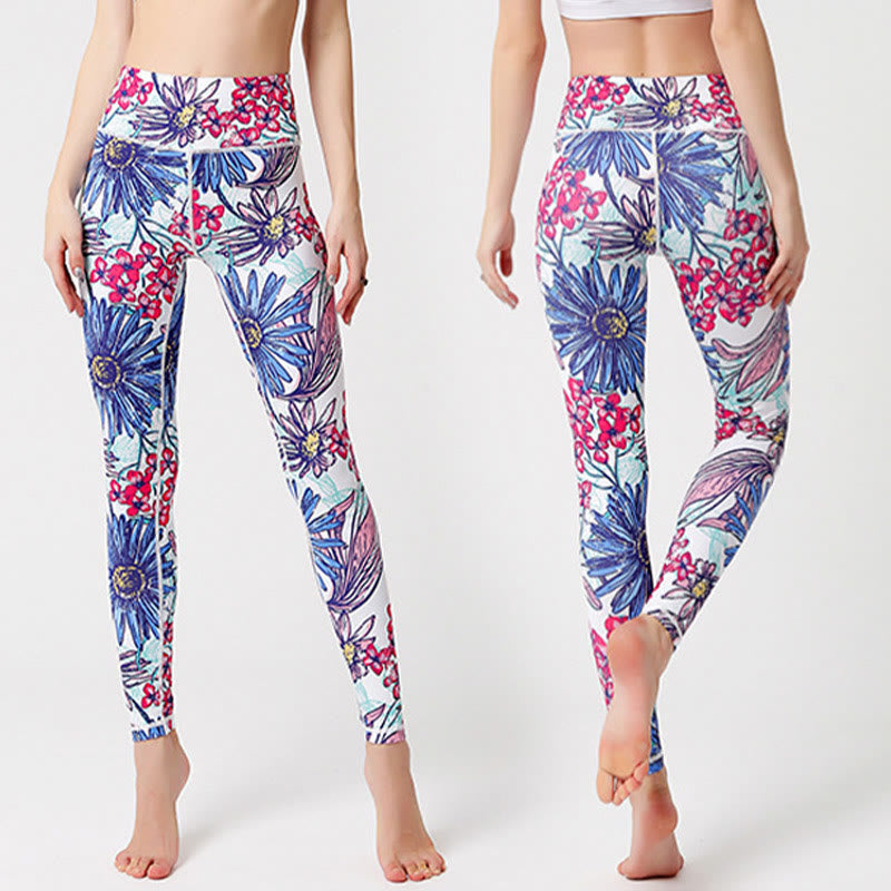 Colorful Flower Petal Leaves Print Sports Exercise Fitness High Waist Leggings Women's Yoga Pants - Image 12