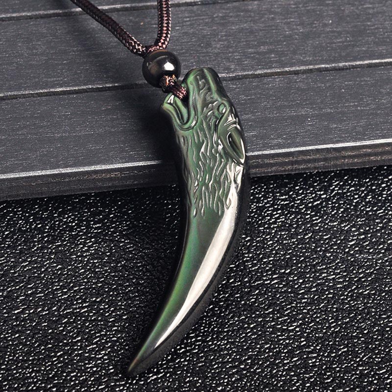 Natural Black Obsidian Ice Obsidian Rainbow Obsidian Wolf Tooth Pattern Strength Necklace Pendant - Image 14