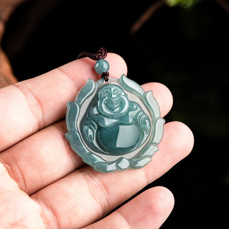 Natural Jade Laughing Buddha Lotus Pattern Luck Necklace Pendant - Image 4