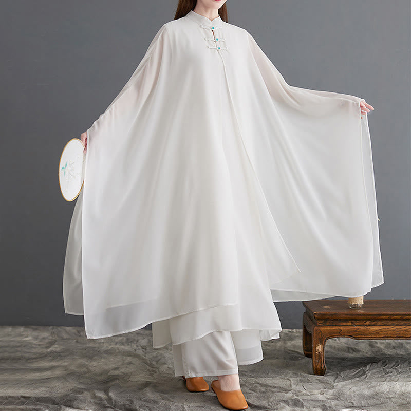 2Pcs Frog-Button Long Sleeve Midi Dress Wide Leg Pants Chiffon Zen Women's Set - Image 6