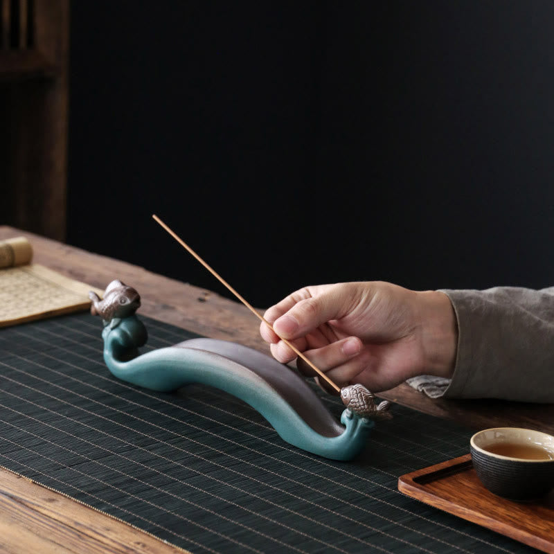 Double Koi Fish Mountain Healing Ceramic Stick Incense Burner Decoration - Image 3