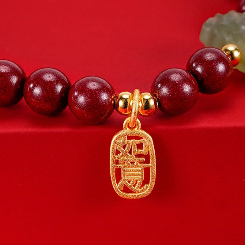 925 Sterling Silver Year of the Dragon Natural Cinnabar Hetian Jade Dragon Fu Character Ruyi As One Wishes Charm Blessing Bracelet - Image 16