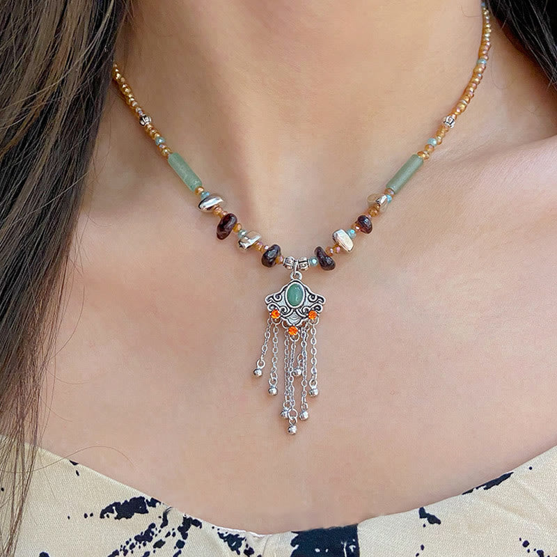 Tibetan Crystal Stone Copper Luck Tassel Necklace Pendant