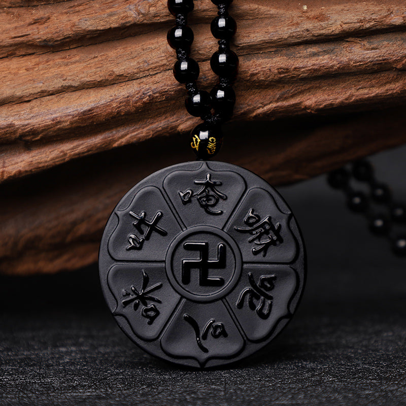 Natural Black Obsidian Tibetan Om Mani Padme Hum Buddha Swastika Luck Necklace Pendant - Image 6