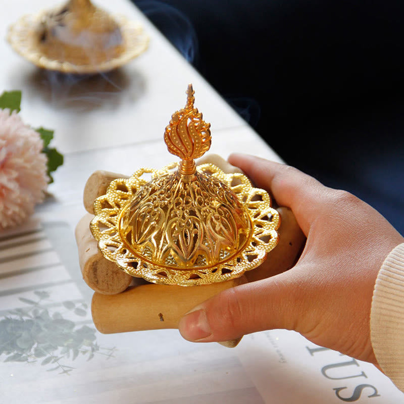 Gold Alloy Healing Mini Incense Burner With Wooden Coaster Home Decor - Image 4
