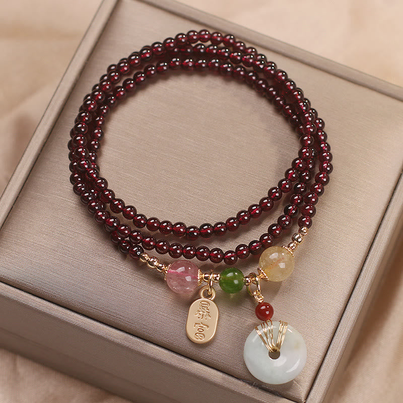 Natural Garnet Strawberry Quartz Crystal Fox Koi Fish Peace Buckle Fortune Protection Triple Wrap Bracelet - Image 16