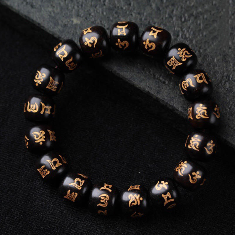 Tibetan Ebony Wood Om Mani Padme Hum Engraved Peace Bracelet