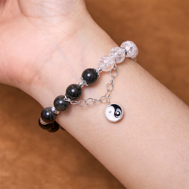Silver Sheen Obsidian Crackle Clear Quartz Black Rutilated Quartz Yin Yang Lotus Protection Bracelet - Image 6