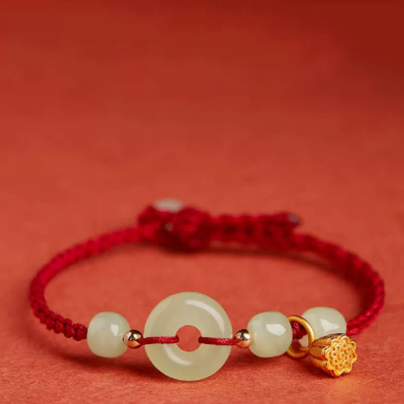 Round Peace Buckle Jade Lotus Happiness Abundance Wealth String Bracelet - Image 3