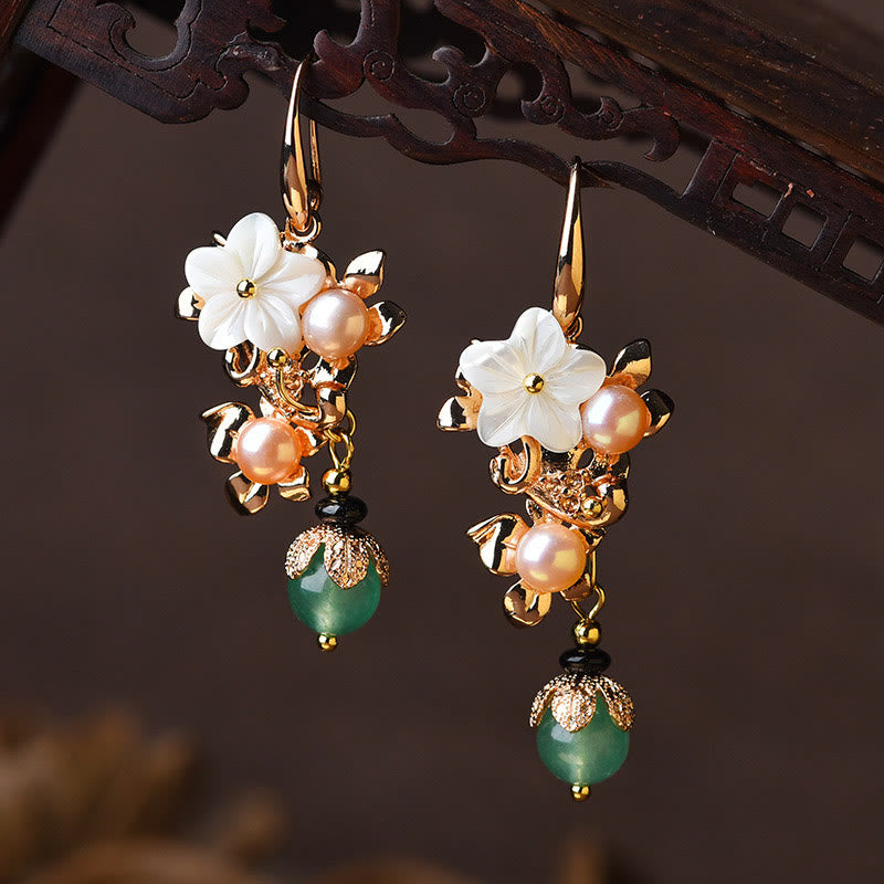 14K Gold Plated Tridacna Stone Flower Pearl Green Aventurine Bead Drop Earrings - Image 8