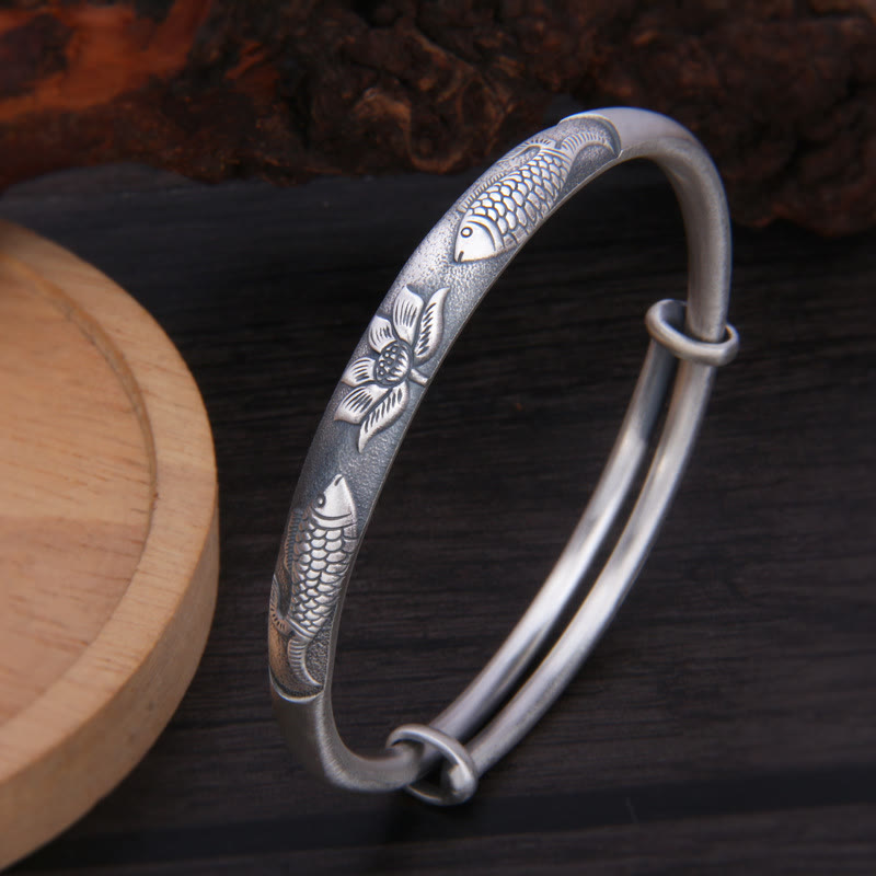 999 Sterling Silver Koi Fish Lotus Wealth Luck Bracelet Bangle - Image 2