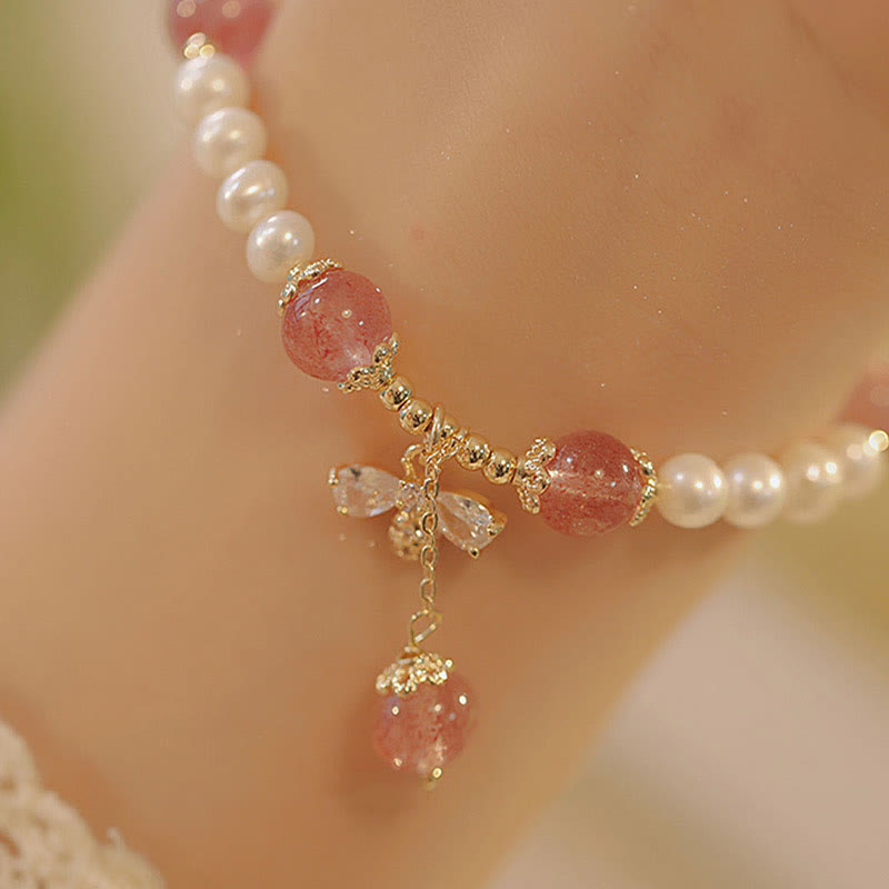 Natural Pearl Strawberry Quartz Healing Cute Honey Bee Charm Bracelet