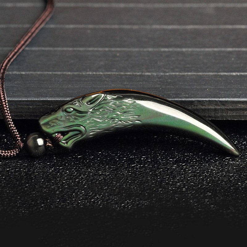 Natural Black Obsidian Ice Obsidian Rainbow Obsidian Wolf Tooth Pattern Strength Necklace Pendant - Image 17