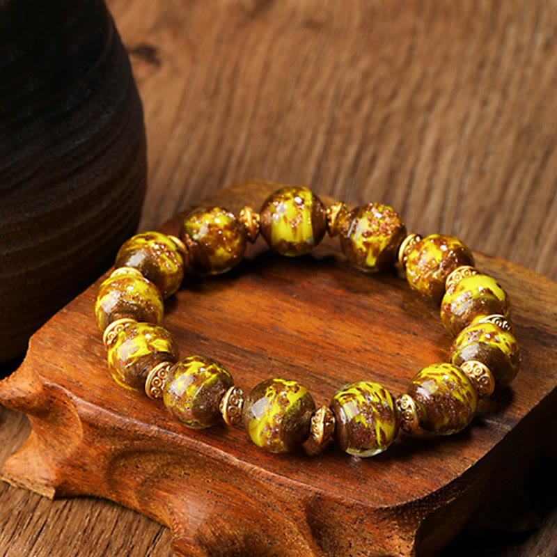 Gold Swallowing Beast Family Charm Liuli Glass Bead Fortune Bracelet - Image 5