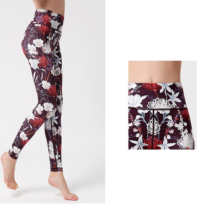Colorful Flower Petal Leaves Print Sports Exercise Fitness High Waist Leggings Women's Yoga Pants - Image 4