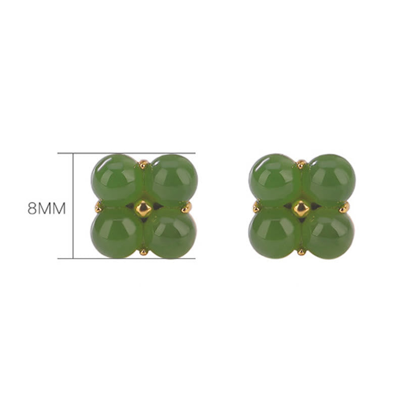 925 Sterling Silver Plated Gold Natural Cyan Jade Four Leaf Clover Luck Stud Earrings - Image 8