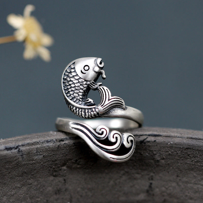 925 Sterling Silver Koi Fish Water Ripple Luck Wealth Ring