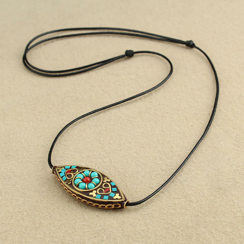 Tibet Turquoise Bead Marquise Pattern Protection Strength Necklace Pendant