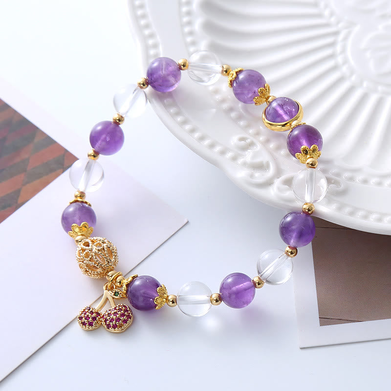 Natural Amethyst White Crystal Positive Cherry Charm Bracelet
