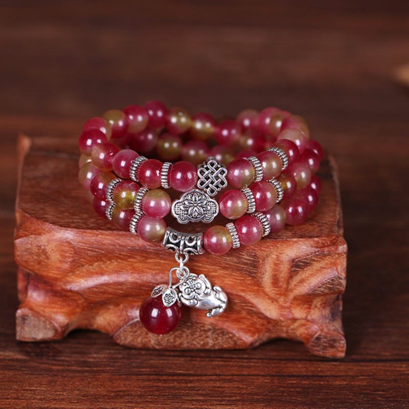 Natural Watermelon Tourmaline PiXiu Elephant Positive Triple Wrap Bracelet