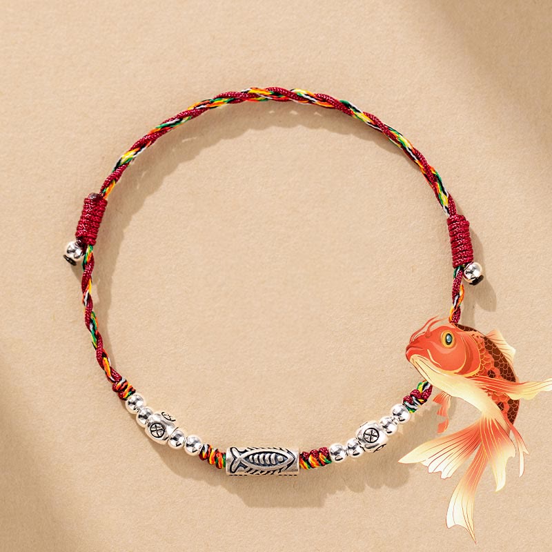 925 Sterling Silver Luck Koi Fish Braided Colorful String Bracelet Anklet